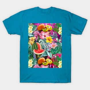 Vibrant tropical leaves pattern, watermelon illustration, tropical plants, colorful tropical fruits T-Shirt